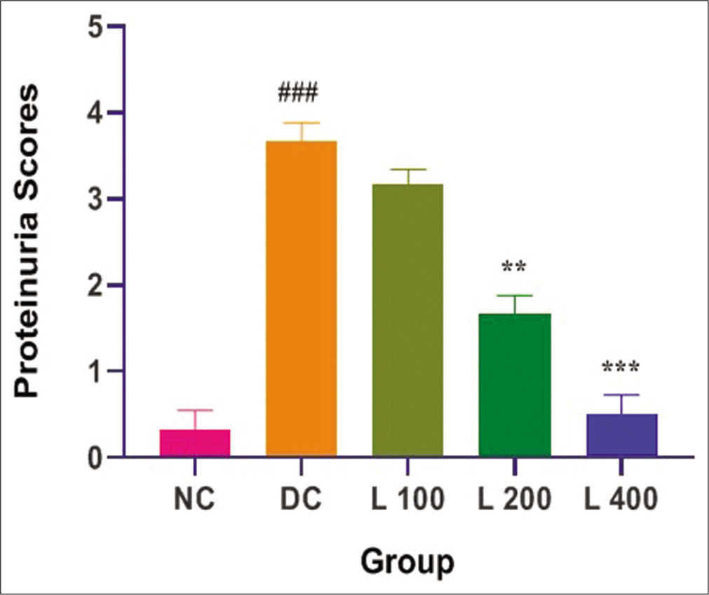 Effect of lycopene on proteinuria scores in adenine-induced chronic renal failure in rat. Columns and vertical bars depict mean±SEM (n=6). NC: Normal control, DC: Diseases control, L 100: 100 mg/kg Lycopene+Adenine, L 200: 200 mg/kg Lycopene+Adenine, L 400: 400 mg/kg Lycopene+Adenine.**P<0.001 compared with disease versus different treatment groups, ***P<0.0001 compared with disease versus different treatment groups, ###P<0.0001 compared with normal versus disease groups.
