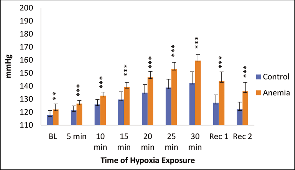 Systolic blood pressure (mmHg) in control and anaemic individuals during hypoxia exposure. BL: Baseline, Rec 1: Recovery 1 first 2 min of post-hypoxia exposure; Rec 2: Recovery 2 3–4 min of post-hypoxia exposure.