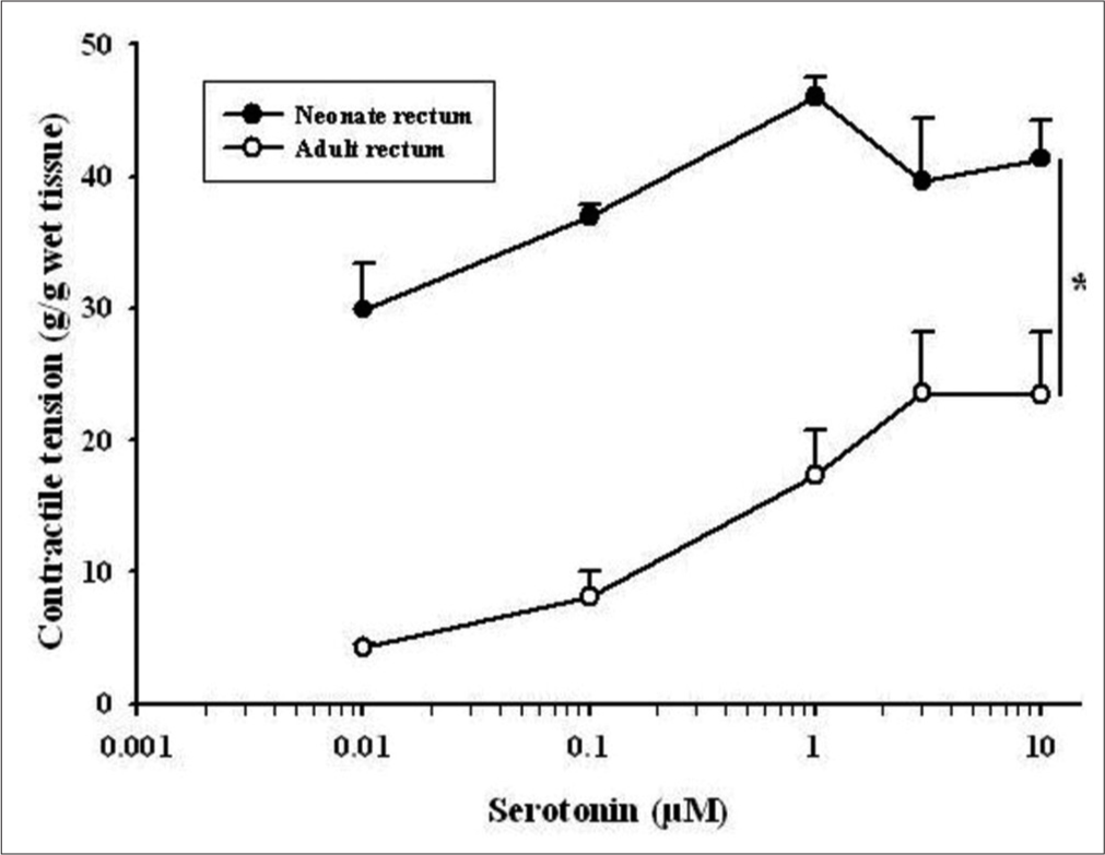 Dose-response curve showing the comparison of 5-hydroxytryptamine (0.01–10 μM)-induced contractile tension (g/g wet tissue) between the rectum of adult and neonate rats. Data points indicate the mean ± standard error of the mean values (n = 6). An asterisk indicates a significant difference (P < 0.05, twoway Analysis of Variance).