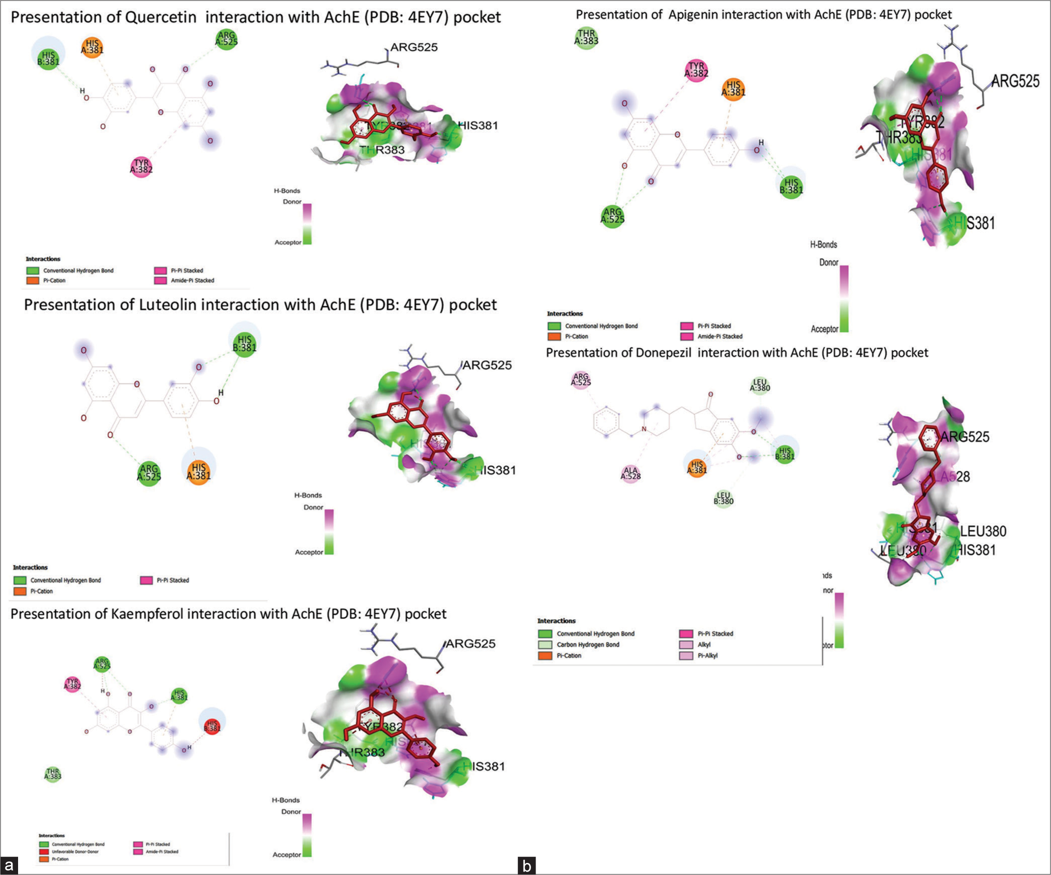 (a and b) Presentation of Cynodon dactylon bioactives interaction with acetylcholinesterase ( Protein Data Bank ID: 4EY7) pocket. AChE: Acetylcholinesterase.