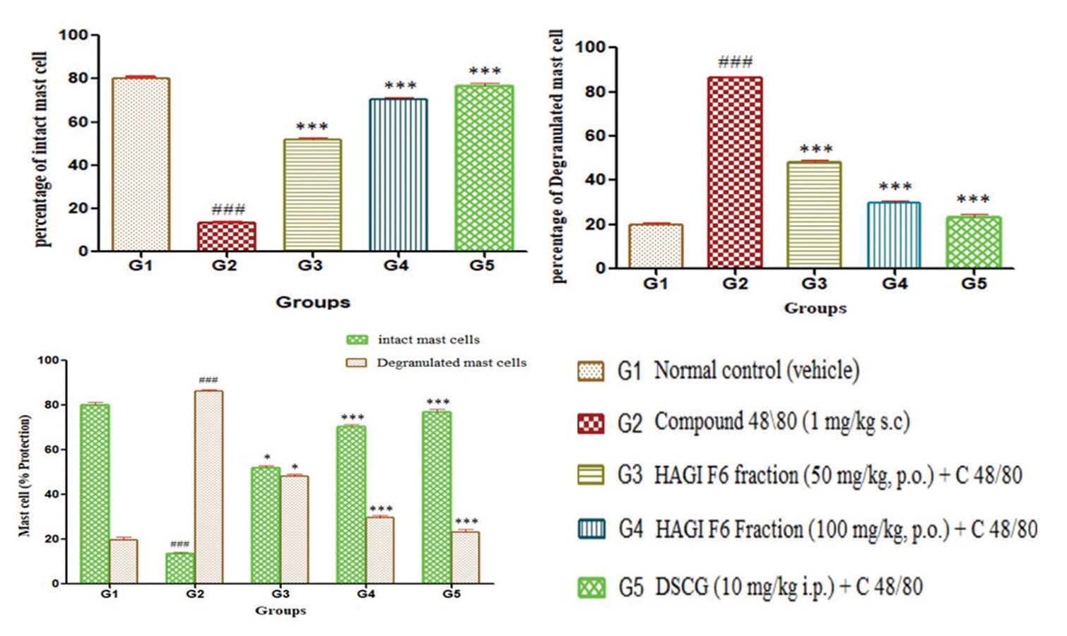 Graph showing mast cell stabilising effect of different doses of F6 fraction of hydro-alcoholic fractions of Garcinia indica in compound 48/80–induced mast cell degranulation in rat mesentery. HAGI: Hydro-alcoholic fractions of Garcin, DSCG: Disodium cromoglycate. *** denotes p < 0.001, representing a highly significant difference when comparing the treatment groups (G3, G4, G5) to the control groups (likely G1 or G2, depending on the comparison). This indicates that the treatments had a very significant impact on the percentage of intact or degranulated mast cells. also indicates p < 0.001, likely signifying a highly significant difference between the inducer control (G2) and other groups, such as G1 or the treated groups (G3-G5). To summarize: *** shows highly significant differences (p < 0.001) for comparisons between treatment and control groups. highlights a highly significant comparison between the inducer control (G2) and other groups, reflecting the strong difference in the mast cell protection/degranulation effect.