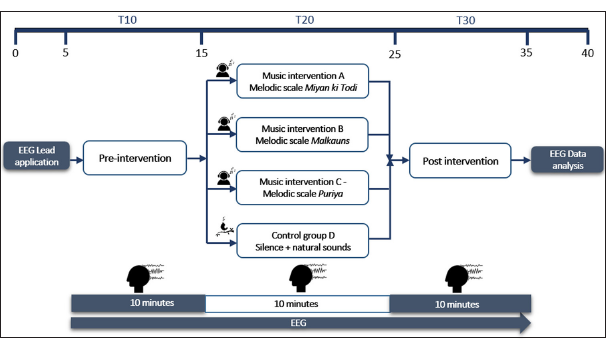 Study protocol; T5, T10, T20, T30, and T35 is the time in minutes; Flow chart describing the process of recording. EEG: Electroencephalogram.